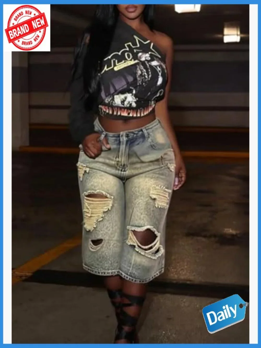 Baggy High Waisted Distressed Ripped Wide Leg Bermuda Jean Shorts Women Y2k